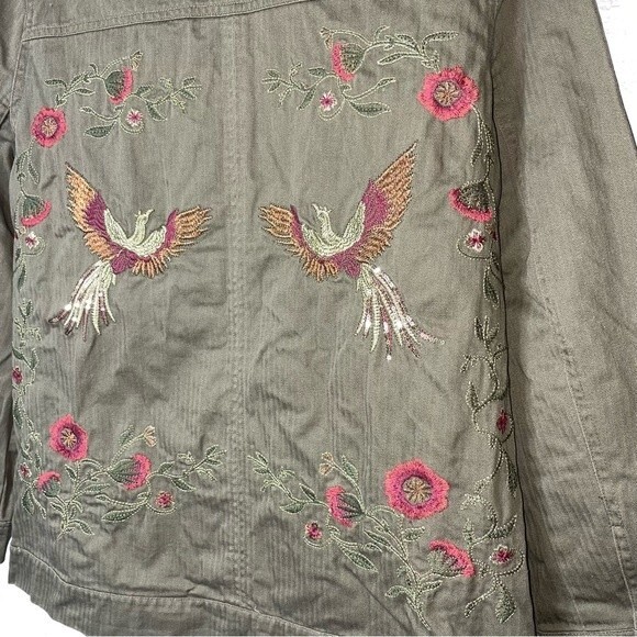 Colleen Lopez Phoenix Embroidered Birds Military Green Woman's Jacket Size M - Picture 8 of 15